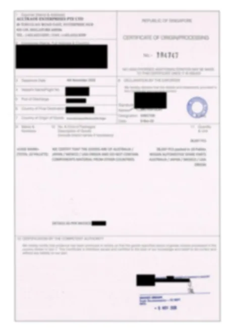 Sample Certificate of Origin for auto parts export from Singapore
