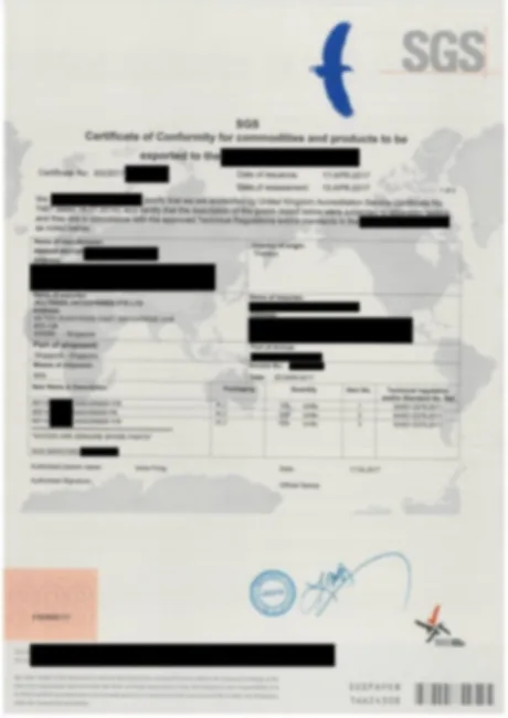Sample Certificate of Conformity for auto parts export
