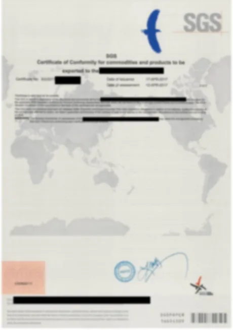 Sample Certificate of Conformity for genuine auto parts shipment